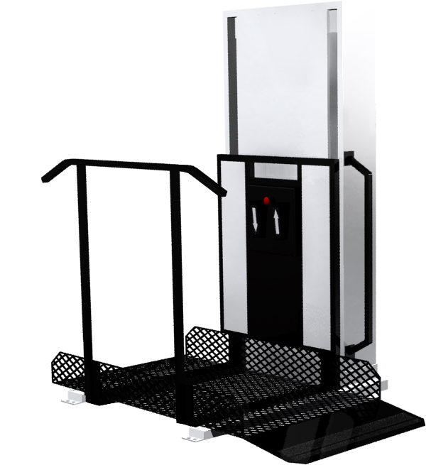 Wheelchair elevator porch lift with guardrails installed beside home steps in Las Vegas - ELECTROPEDIC