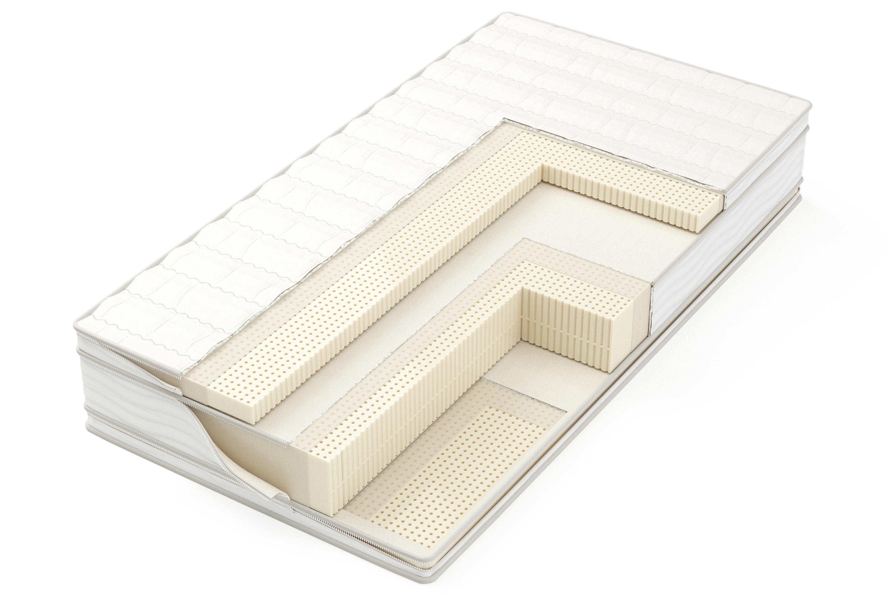 Zippered adjustable bed mattress showing separate latex layers